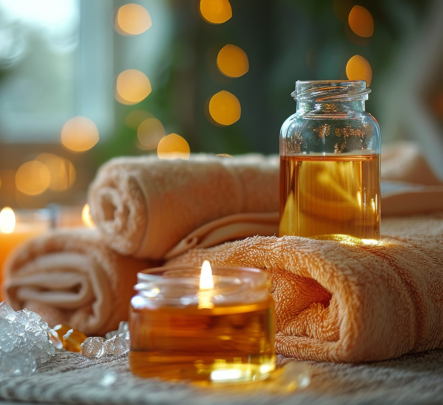 Foto con olio per massaggi, asciugameni, e candela, per il servizio di massaggi in camera