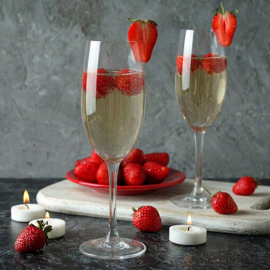 Calici con fragole e champagne, con candele "tea-light" accese.
